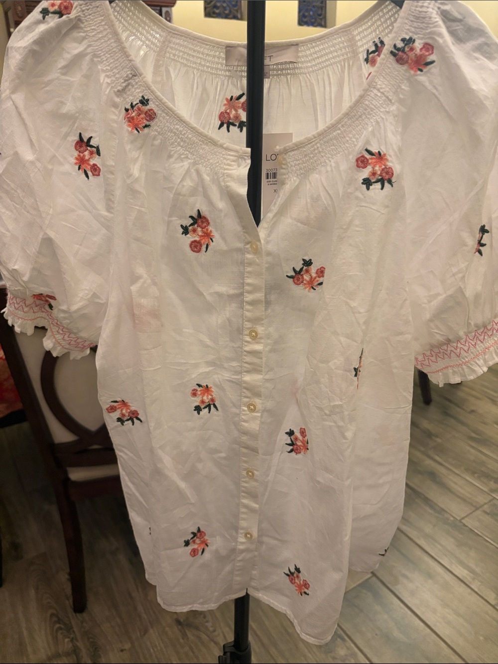 LOFT White Button-Front Peasant Top with Coral Floral Embroidery